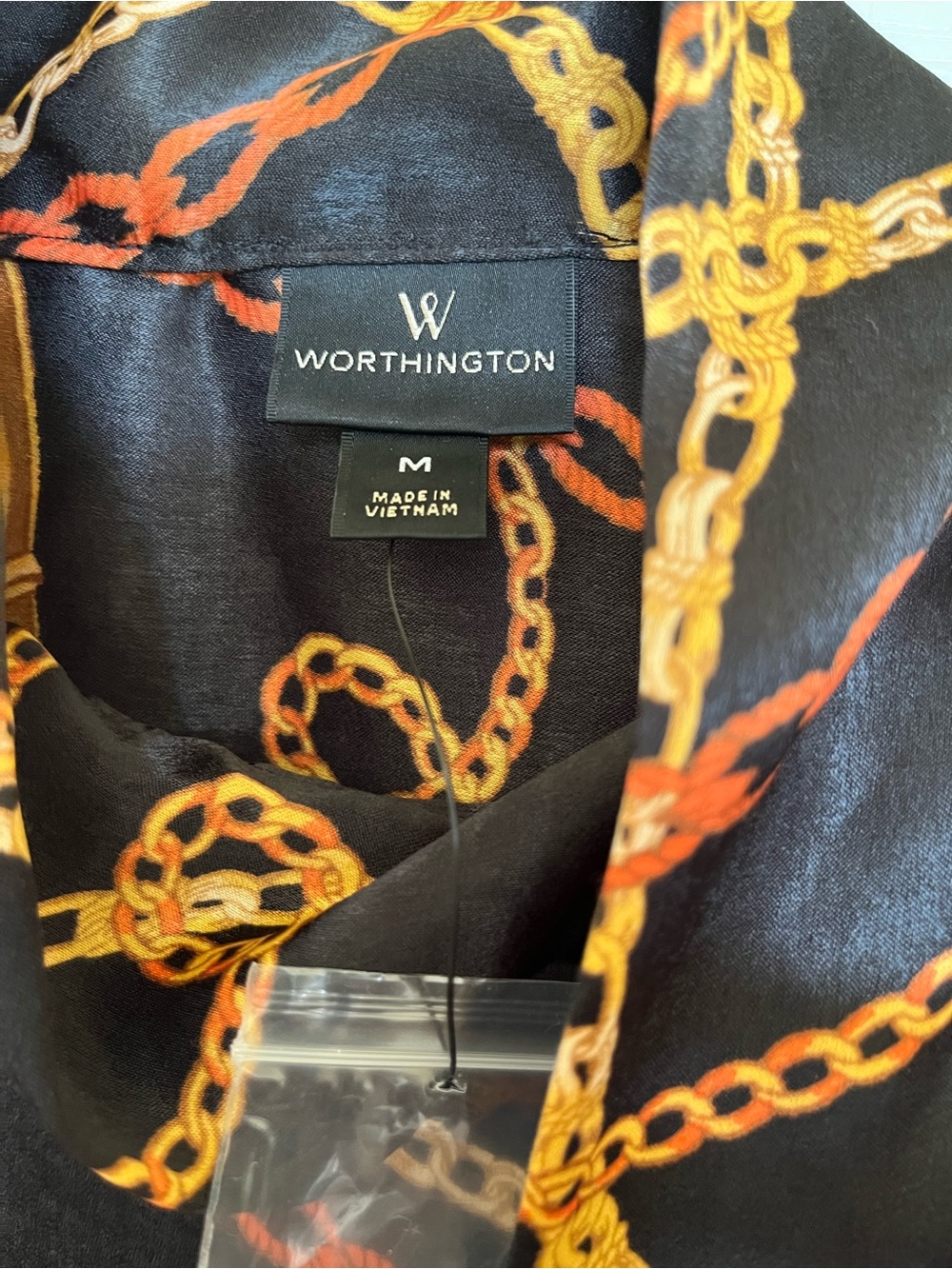 Worthington Black Satin Blouse with Gold & Rust Chain Print - Picture 2 of 4